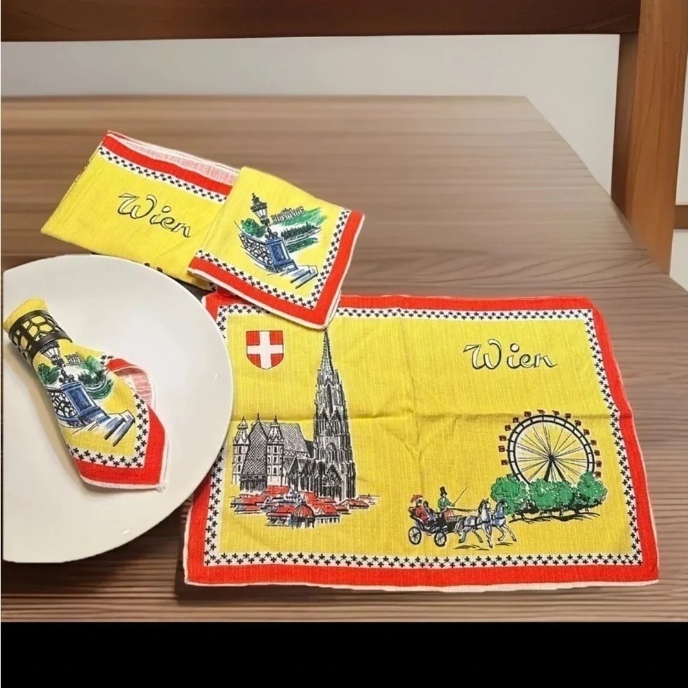 Vintage Austrian Linens Napkins Placemats Lot Mid Century Bright Color Landmarks